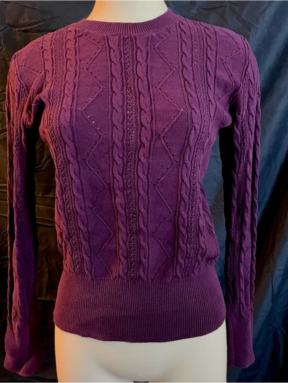 Cable-Knit Crewneck Sweater in Plum